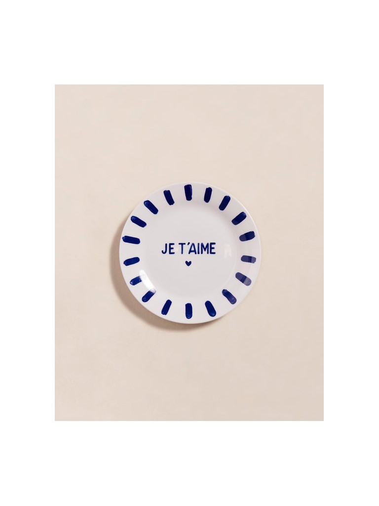 L'assiette Je t'aime en porcelaine - bleu